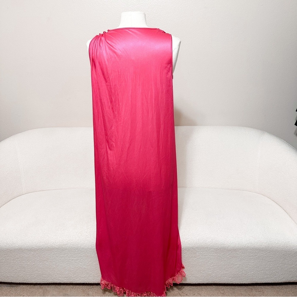 Vtg 80s Pink Coquette Satin Lace Maxi Lingerie Gown Ruffles Smocked - Picture 8 of 8